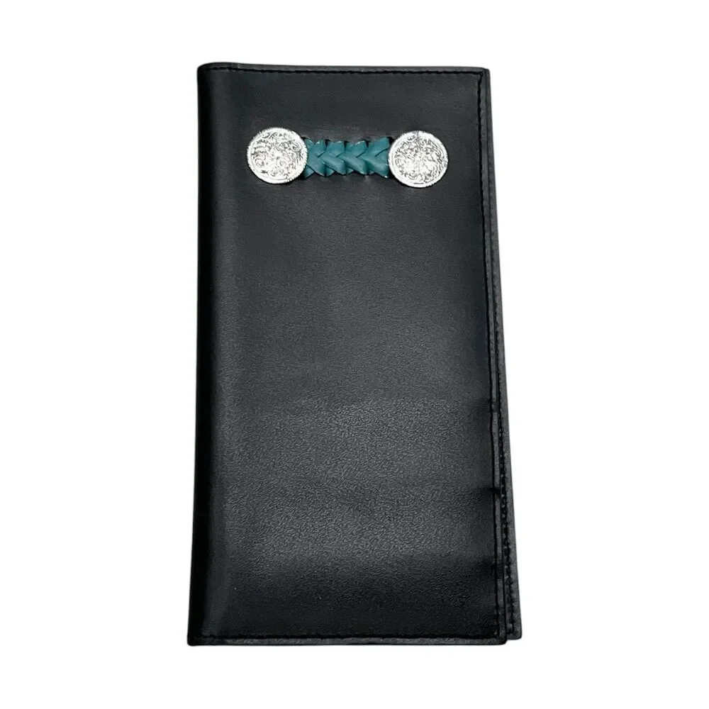 Tex Tan Vintage 80s Black Leather Rodeo Wallet Turquoise Concho Western Cowboy